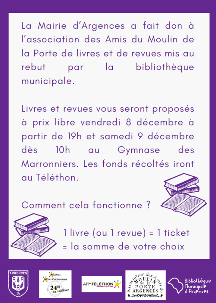 [Actu’ de la bib’] : Rendez-vous, dès ce soir 19h, au Gymnase des Marronniers (Pl. des Marronniers, 14370 Argences) pour soutenir le Téléthon !    