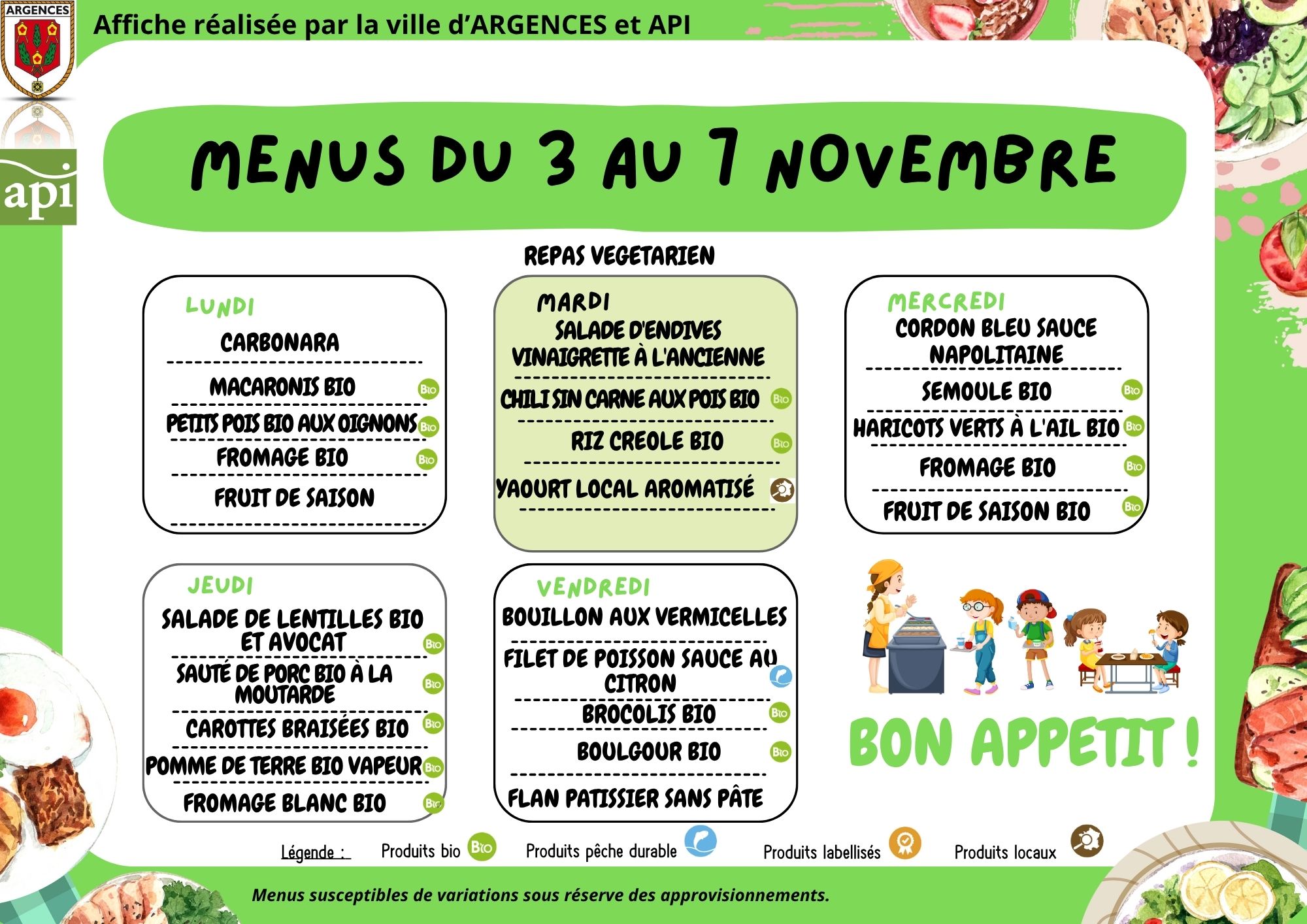 Menus du restaurant scolaire du 3 au 7 novembre