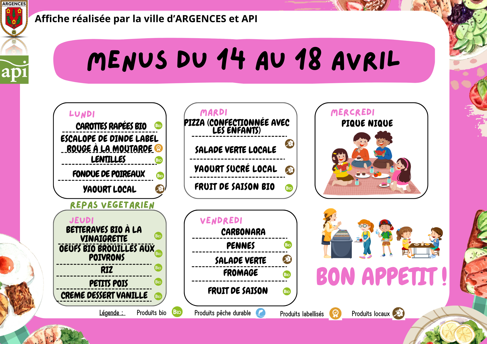Menus du centre de loisirs du 14 au 18 avril