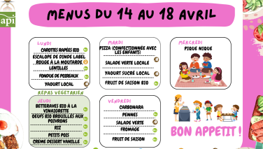 Menus du centre de loisirs du 14 au 18 avril